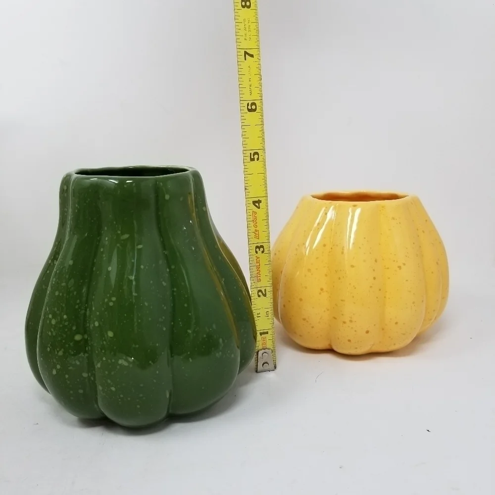 Crate and Barrel Flecked Vase Planter Gourd Squash Yellow Green Signed B Eigler